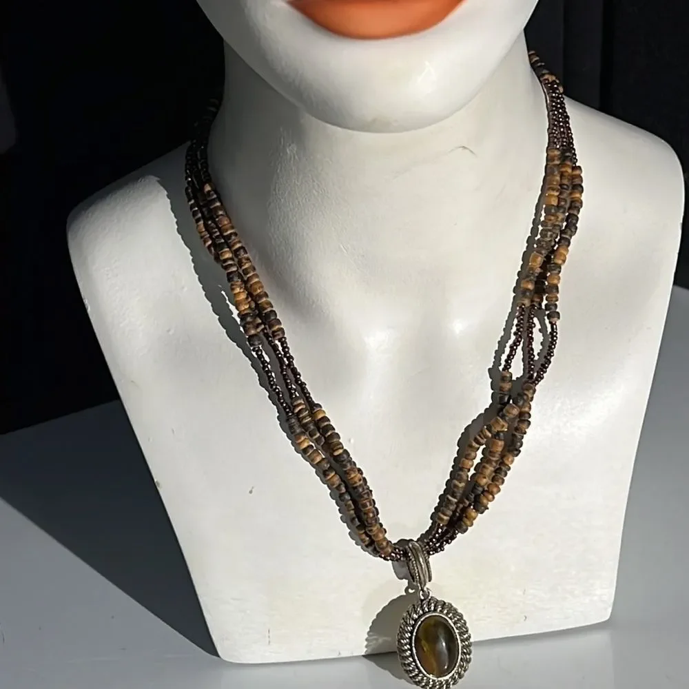 Avon Tigers Eye Pendant on Brown Bead Necklace